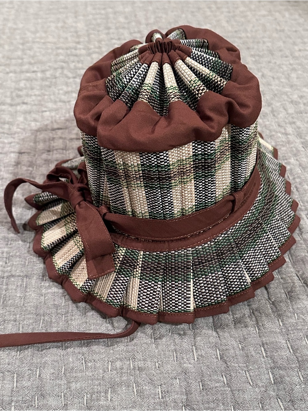 Plaid Bucket Hat with Brown Trim and Ribbon